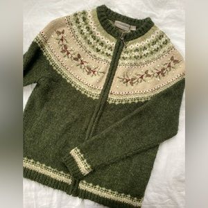 Croft & Barrow green fair isle holly zip up cardigan sweater size small